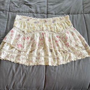 LoveShackFancy Cream and Pink Floral Mini Skirt